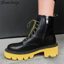 Buono Scarpe Mixed Color Women Ankle Boots Lace Up Female Ankle Botas Mujer Thick Bottom Genuine Leather Boots Fenimina Non-Slip