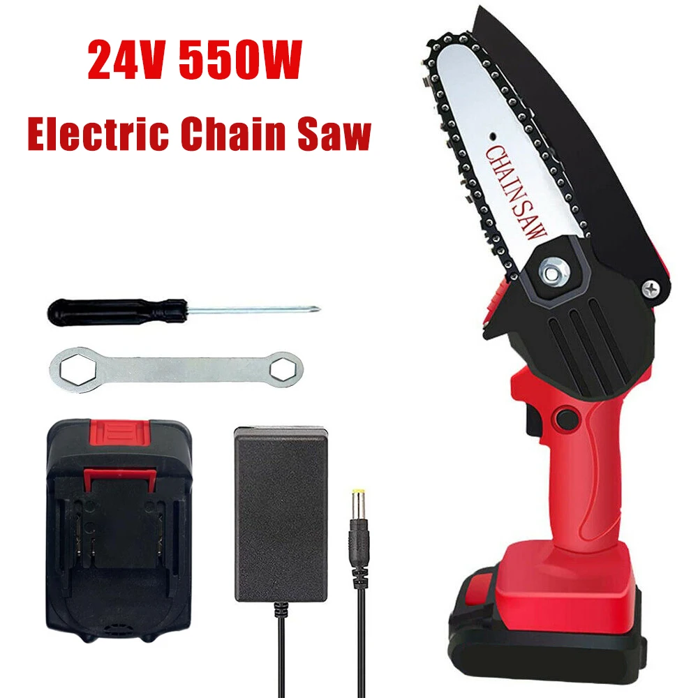 Cordless Electric Chain Saw Wood Cutter Mini One-Hand Saw Woodworking w/ Battery