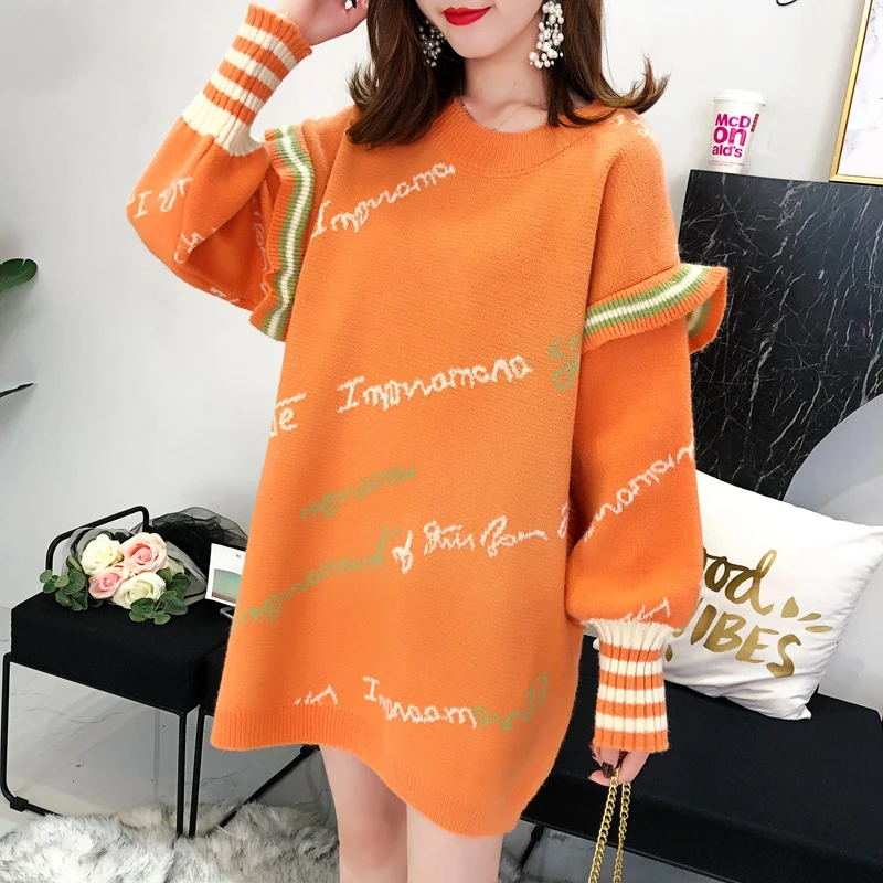 Women Orange Knitted Sweater for Woman Winter Casual Loose Ruffles Sleeve Women Sweaters and Pullovers christmas sweater