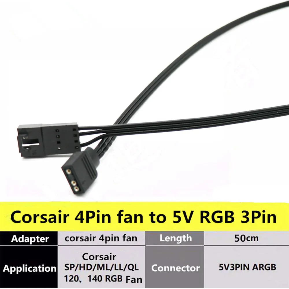 Corsair-cabo Adaptador Argb Rgb Cabo Led hd Ll120 140 ql 3pin 4pin 5v 3pin Rgb 50cm - Imagem 4