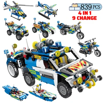 

839PCS 4 IN 1 City Engineering Truck Building Blocks Creator Technic Helicopter Motorcycle Car Figures Bricks Toys For Children