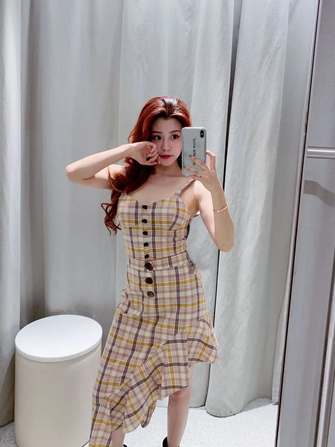 

Europe And America Amoi pin nv zhuang High-waisted Slimming Non-symmetrical Plaid Skirt Flounced Skirt