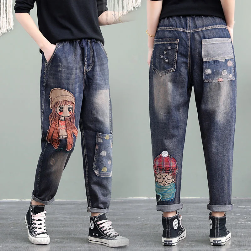 Elastic Waist Jeans Spring Summer Korean Retro Jeans Female Cartoon Girl Patch Pocket Embroidery Distressed Harem