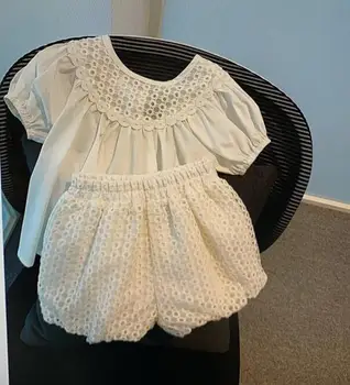 

2020 Korea Style Girls 2 Pcs Lace Set T-Shirt+Shorts Cotton Fashion Summer Girls Suits 1-6 years QH415