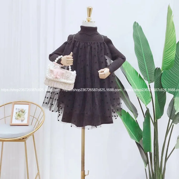 

Children's Wear Fall 2019 New Girl's Long Sleeve Knitted Long Sleeve Skirt Point Suspension Belt Two-piece Suit Tide