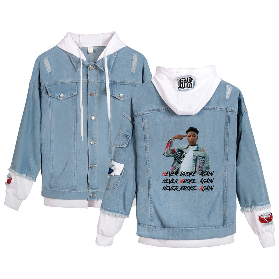 Джинсовые куртки с капюшоном YoungBoy Never Broke снова куртки для мужчин и женщин поддельные два предмета хип-хоп пальто Модная уличная джинсовая куртка - Цвет: Blue denim white