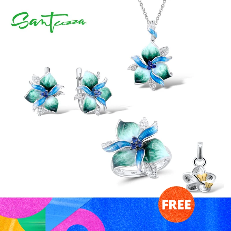 

Santuzza Jewelry Sets For Woman 925 Sterling Silver Elegant Blue Green Flower Earrings Pendant Ring Fine Jewelry Handmade Enamel