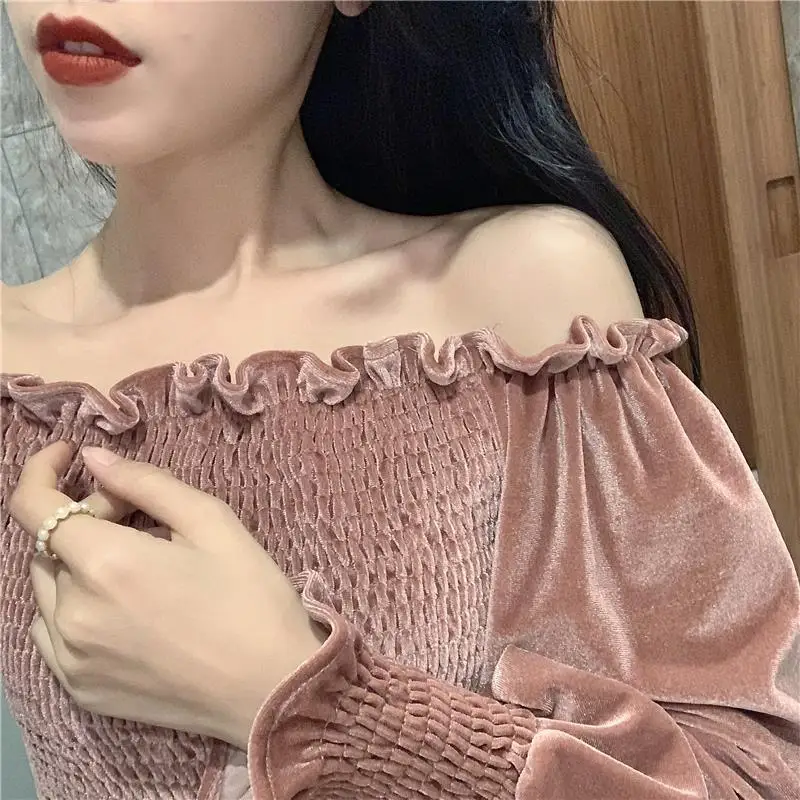 WHITNEY WANG блузки женские Осенняя модная Уличная Сексуальная блуза с вырезом лодочкой из эластичного бархата женские блузы рубашки топы