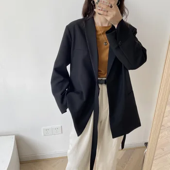 

Women Blazers and Jackets Black Korean Women's Blazer Long Suit Jacket Loose Tie Solid Color Female Long Sleeve Womens Suit