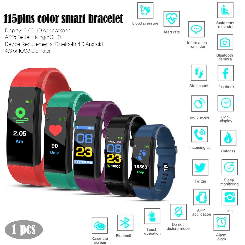 115 плюс шагомер цветной экран умный браслет поддержка измерения артериального давления мониторинг сердечного ритма фитнес-трекер умные часы