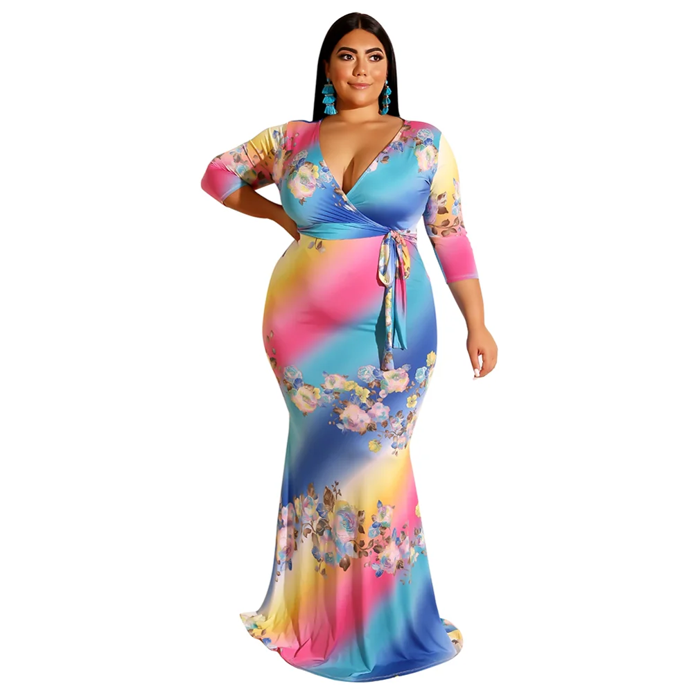 Tsuretobe Плюс Размер Bodycon бандаж цветочный принт Макси платье Глубокий v-образный вырез женское соблазнительное платье-русалка вечерние перекрестное платье пояса Mujer
