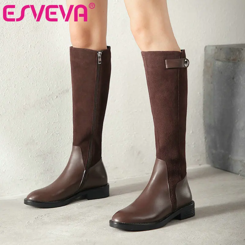 

ESVEVA 2020 Shoes Women Knee-high Boots Med Heel PU+Leather Boots Shoes Platform Round Toe Elegant Motorcycle Boots Size 34-39