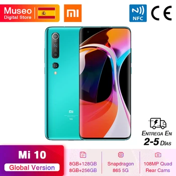 Перейти на Алиэкспресс и купить Глобальная версия смартфона Xiaomi Mi 10 8 ГБ 128 ГБ/256 ГБ 5G 108MP Quad Cams Snapdragon 865 6,67 ''AMOLED экран аккумулятор 4780 мАч