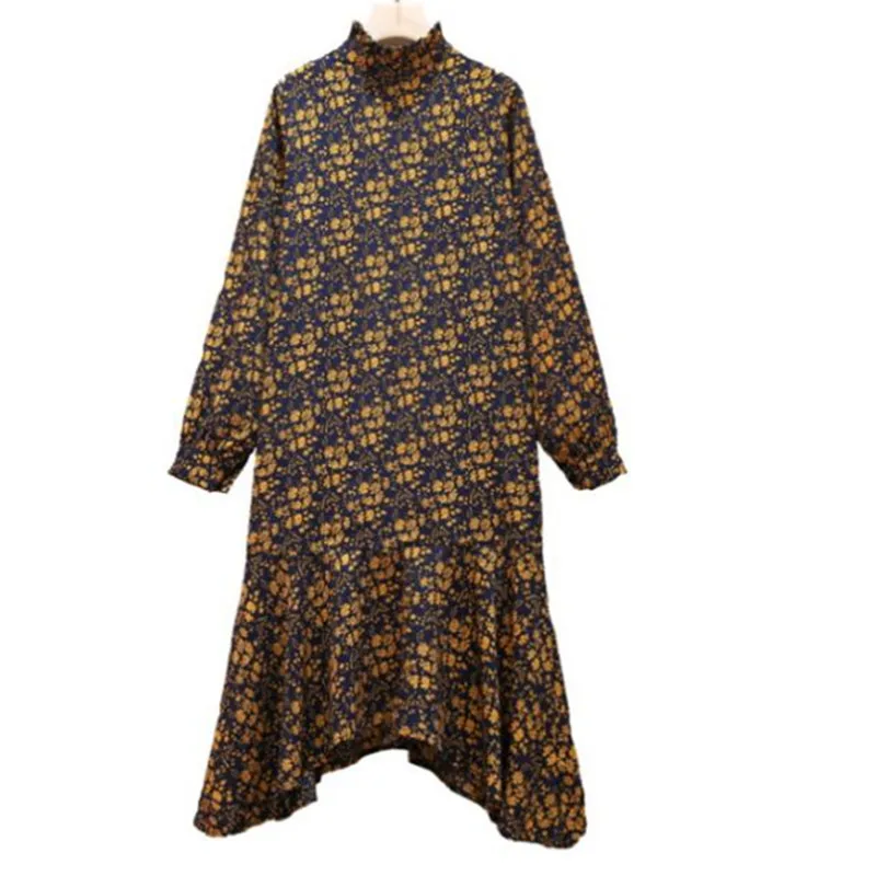 Large sSize women's long sleeve Dress 2020 new Spring floral dress Loose foreign style was thin and irregular Midi | Женская одежда