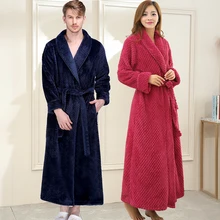 Зимний мужской банный халат, удлиненный толстый теплый фланелевый Халат в клетку для мужчин и женщин, домашний термо халат до лодыжки