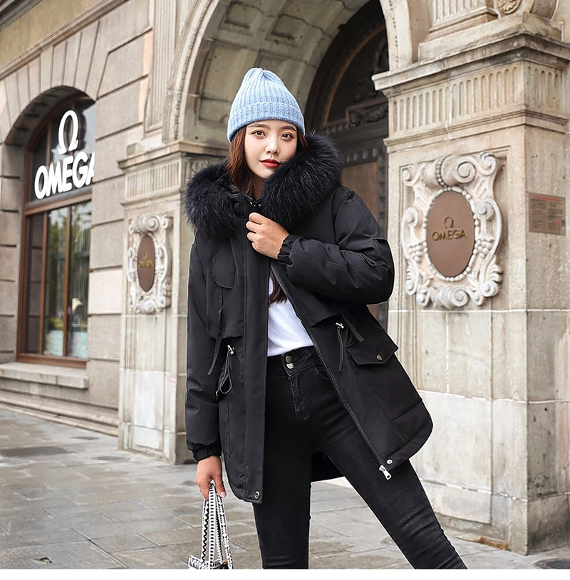 Fashionable Warm Cotton Liner Hooded Down Parkas Coat Winter Jacket Women Adjustable Waist Fur Collar Jacket Parka 2020 New