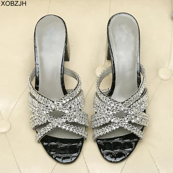 

Women Shoes Summer Flat luxury G Sandals 2019 Brand Designer Rhinestone Sandals Black Genuine Leather Sole Slippers Shoes Woman