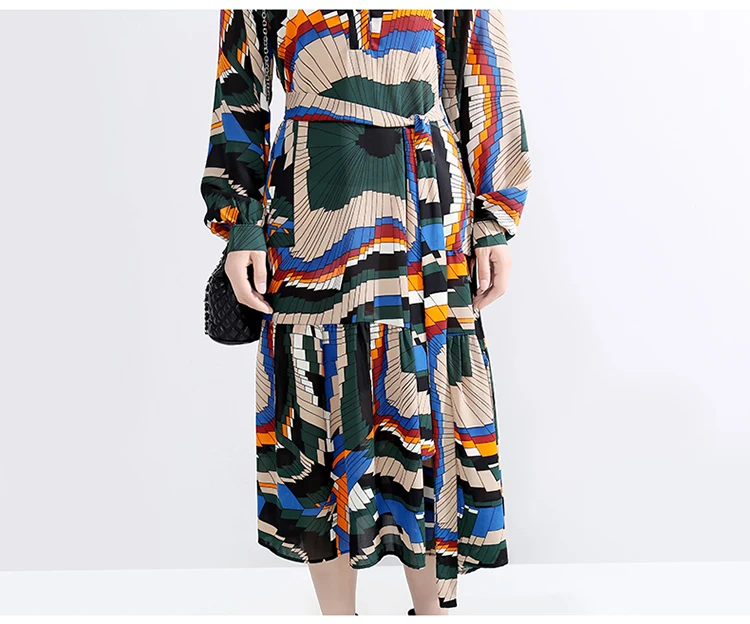 Корейский стиль, женское осеннее разноцветное длинное платье-рубашка с длинным рукавом, пояс, геометрический принт, женское элегантное платье для вечеринки 5610