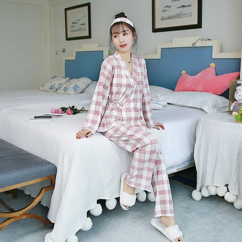 Casual Plaid Kimono Pajamas Sets for Women Spring Autumn Long Sleeve Pyjama Sleepwear Femme Homewear Pijama Mujer Lounge Clothes