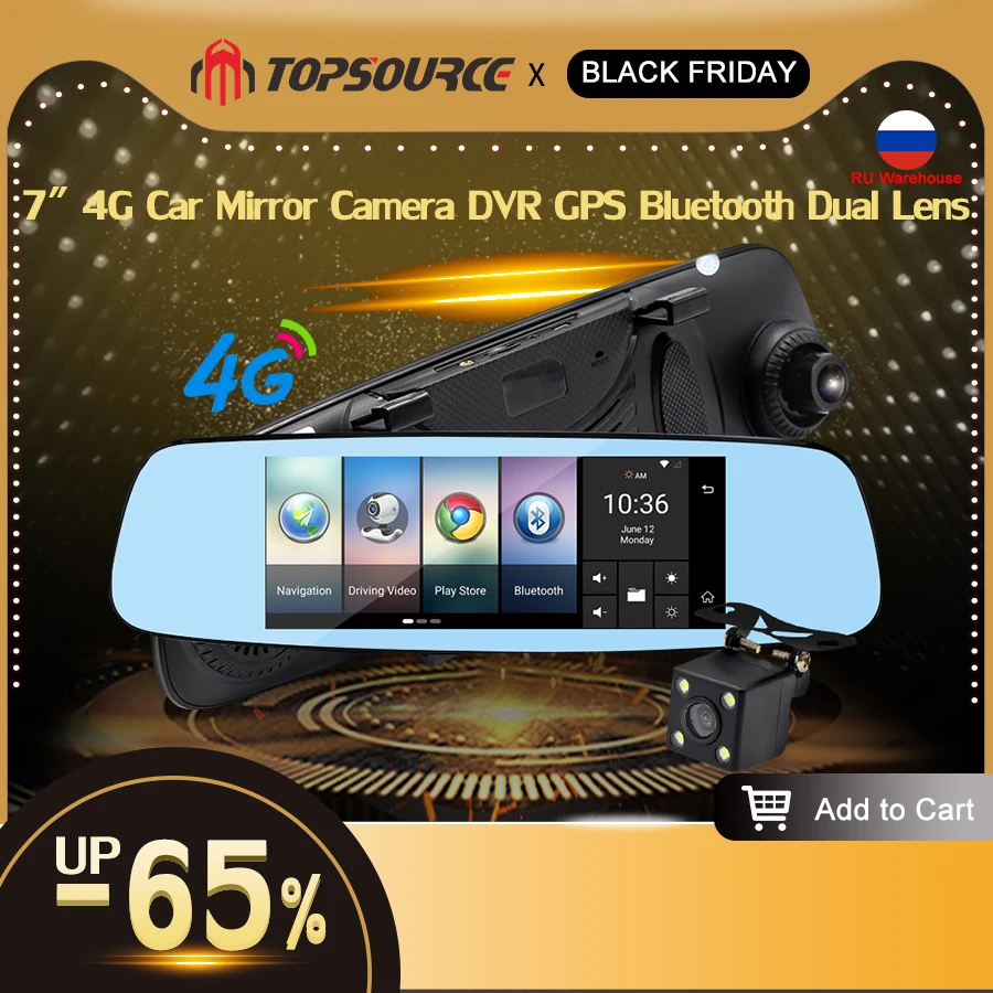 

TOPSOUR 7" 4G Car Camera DVR Mirror GPS Bluetooth Dual Lens Rearview Mirror Video Recorder Full HD 1080P Automobile DVR Dash cam