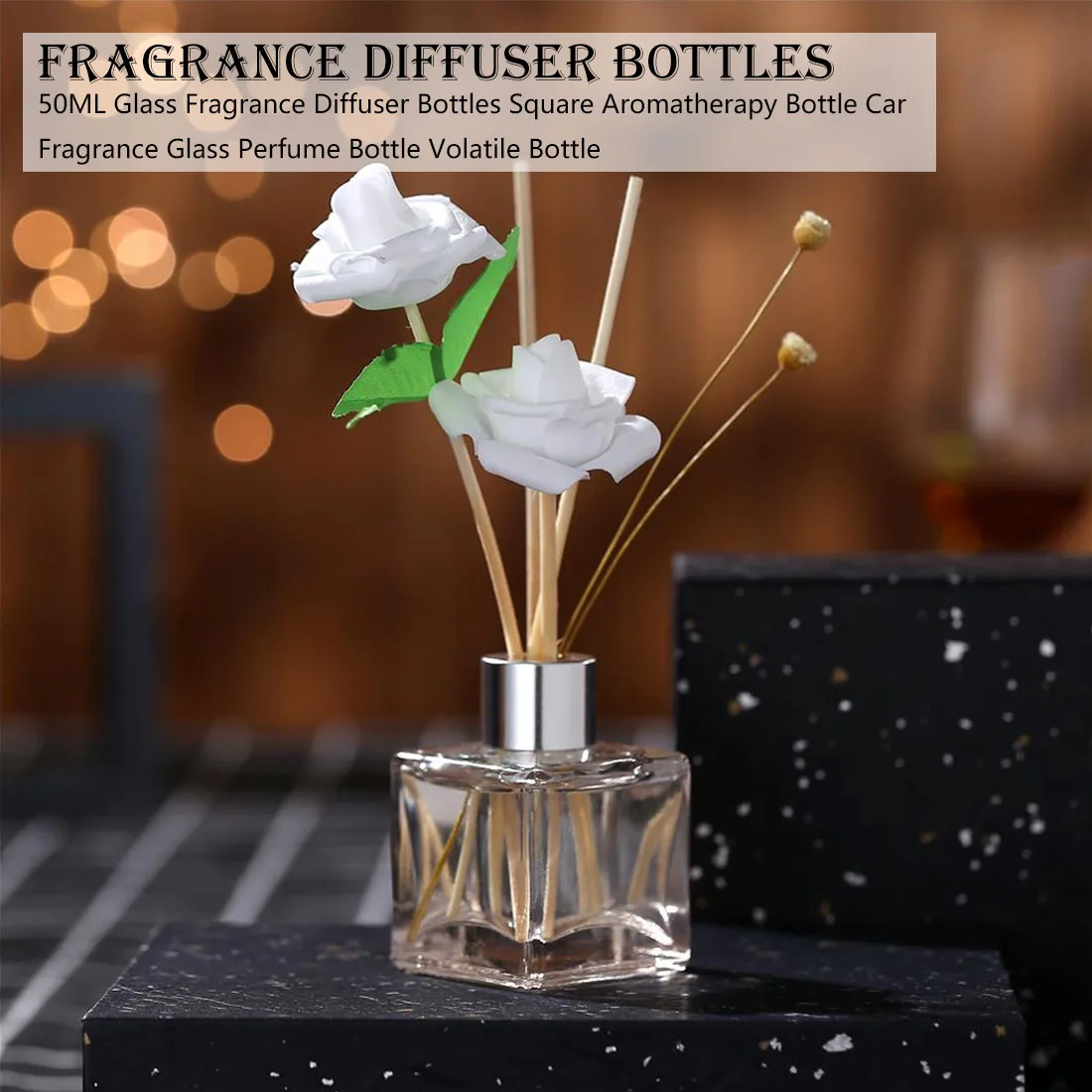 

50ML Glass Fragrance Diffuser Bottles Square Aromatherapy Bottle Car Fragrance Glass Perfume Bottle Volatile Bottle