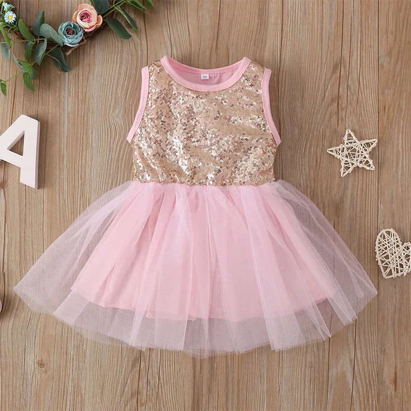 

Hot Selling 2020 New Style Summer Sequin Princess Dress Girls Dress Bow Mesh Skirt Sleeveless Children Shirt