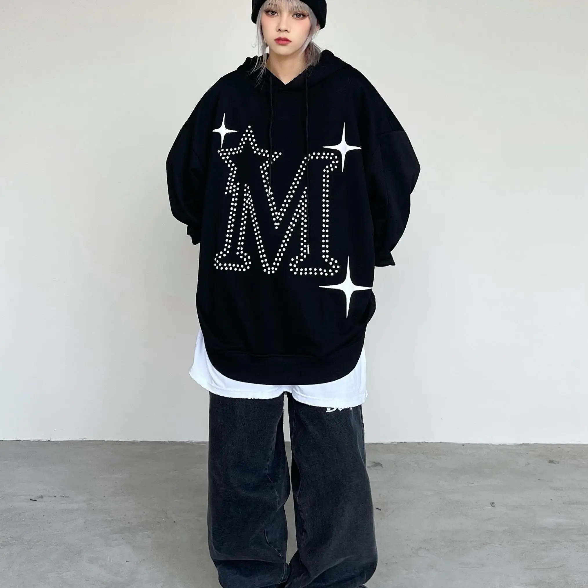 

American street letter pearl hooded sweater oversize loose niche retro top trend hoodie women goth clothes
