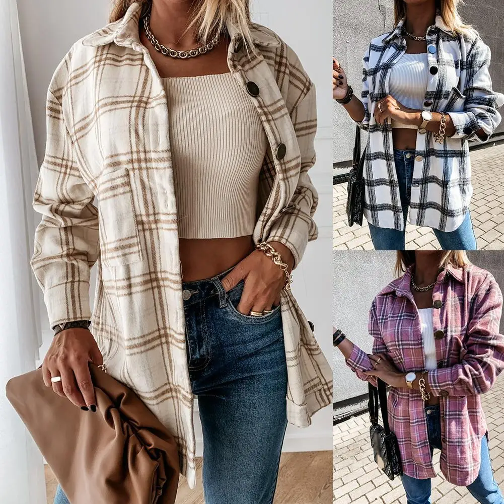 

Women Stylish Turn Down Collar Pockets Jacket Plaid Buttons Long Shirt Coat