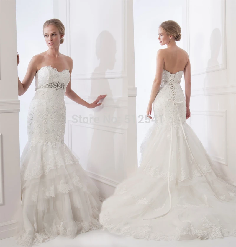 

Noble Lace Up Mermaid Trumpet Sweetheart Wedding Dresses Lace Applique Beads Layers Bridal Gowns 2019