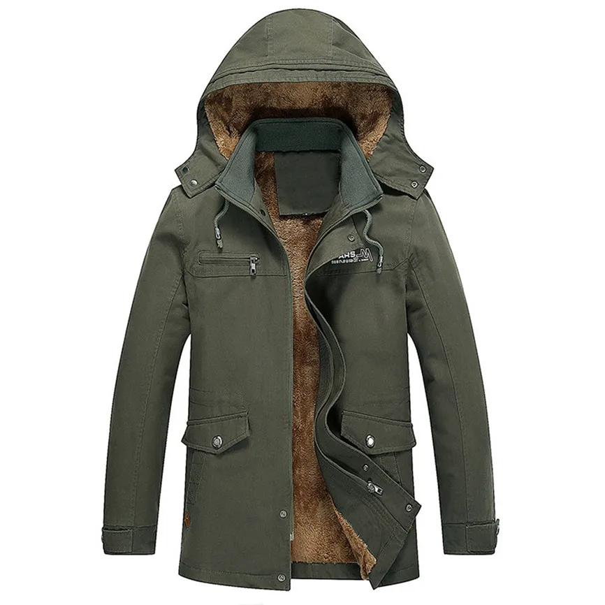 Men Winter Casual Hoodie Warm Jacket Medium Length Thickening Velvet Cotton Outwear Slim Windbreaker Coat - Цвет: Army Green