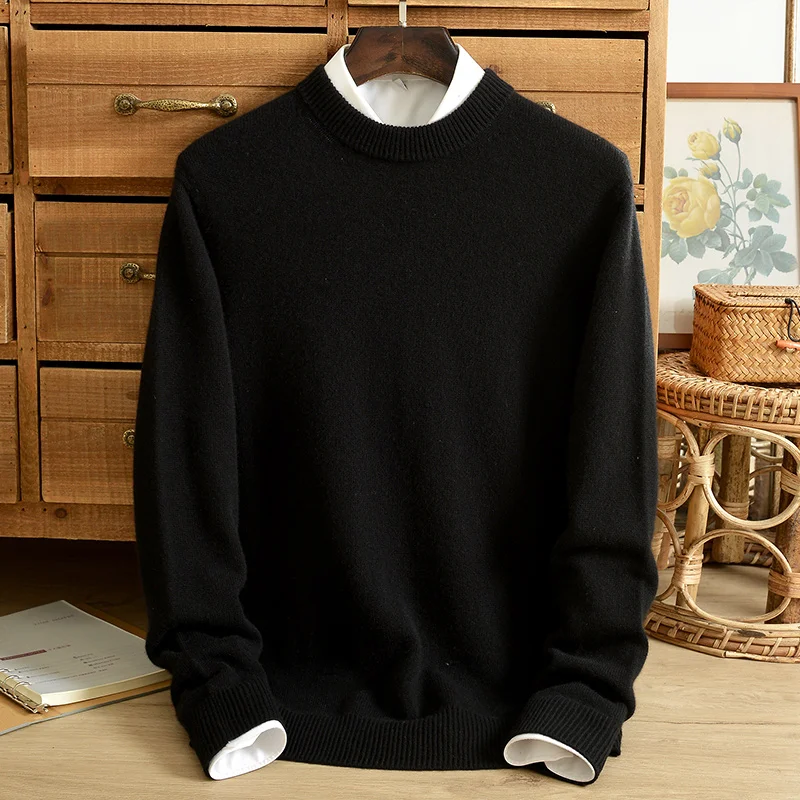 Winter cashmere sweater men's pure cashmere round neck double-strand thick seamless one solid color bottoming shirt business
