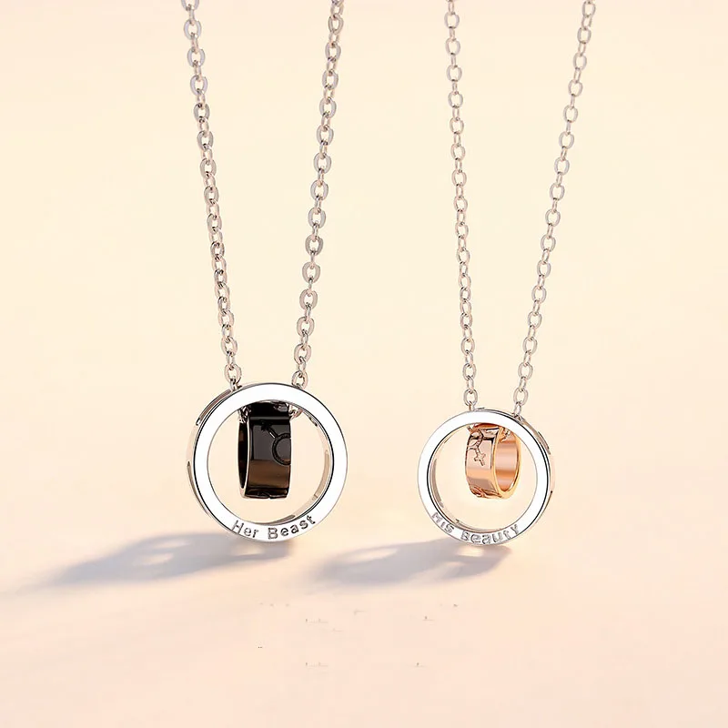 

New S925 Sterling Silver Couple Necklace Korean Double Circle Pendant Set Chain Clavicle Chain Valentine's Day Gift