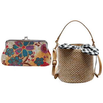 

2 Pcs Bags: 1 Pcs Coin Purse Flower Pouch Wallet Money Bag(Beige) & 1 Pcs Straw Bags Female Bowknot Beach Bags Khaki
