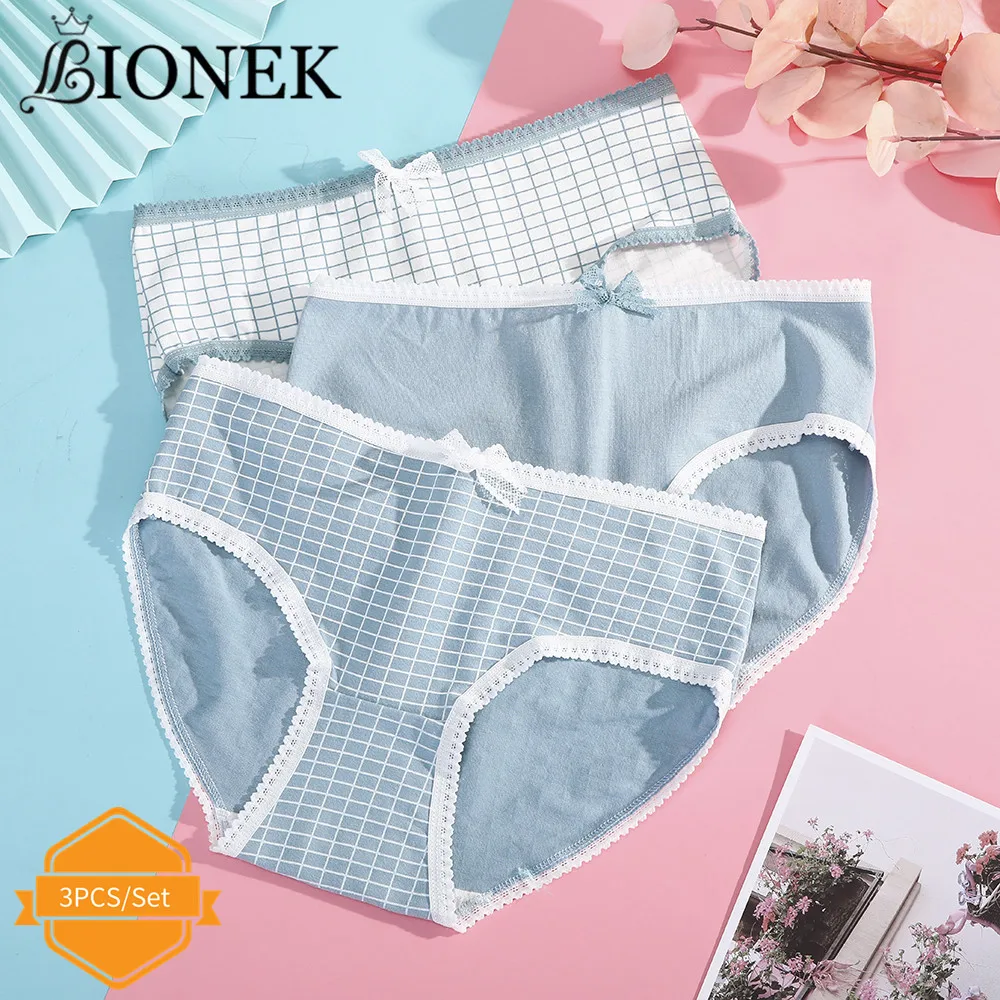 

BIONEK 3pcs Women's Underpants Soft Cotton Panties Cute Girls Solid Color lattice Briefs Panty Sexy Lingerie Female Underwear