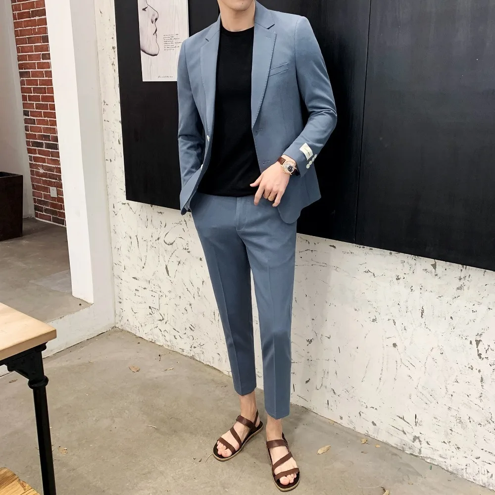 

(tops + Pants) Spring And Summer Refreshing Suit Business Korean Trend Fashion Young Men Slim Casual Wedding Dress Set