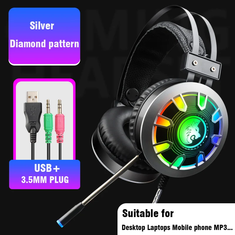 Wired Gaming Headphones Stereo Sound PC Earphones Noise Reduction with Mic Colorful RGB Light Volume Control for Desktop Laptop - Цвет: 3.5MM Diamond patter