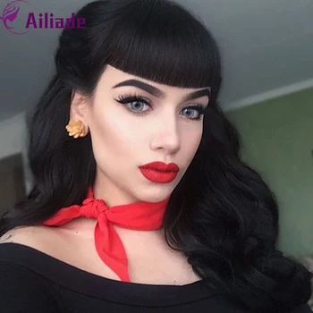 

AILIADE New Arrivals Short Wavy Synthetic Retro Style Wigs With Curly Bangs Black Heat Resistant For Women Daily/Party/Cosplay