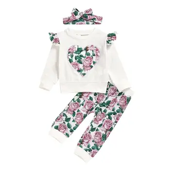 

Cute Baby Girls Clothes Sets Autumn Outfits Long Sleeve T-shirt Tops Floral Pant Headbands 3pcs Clothing Baby Girl