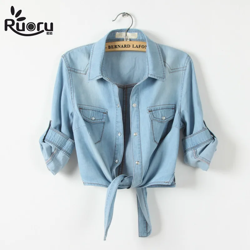 kimono Denim Shirt Short Sleeve Womens Tops Chemise Femme Crop Top Sexy Short Jeans Shirt Blouse Summer Cool Feminine Shirts bkld fashion women jeans bodysuit short sleeve turn down collar denim rompers short deep v neck jeans rompers womens jumpsuit