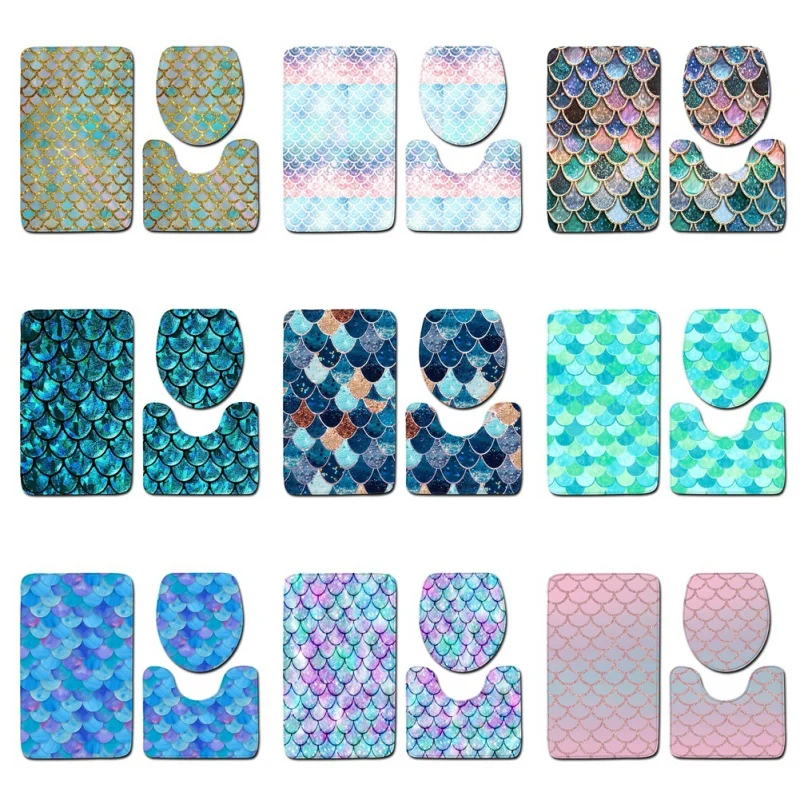 

3 Pcs/sets Fish Scale Pattern Bath Mat Toilet Cover Absorbent Non-slip Bathroom Mats Creativity Bath Rugs