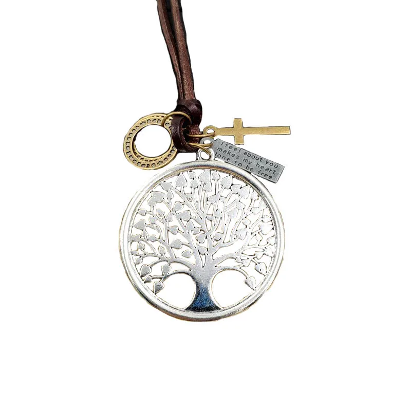 

Retro Punk Necklace 100% Cowhide rope Genuine Leather Life Tree Bronze Cross Loop Letter Tag Mens Birthday Gift AC089-092