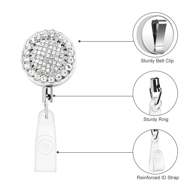 1PCS Bling Rhinestone Pearl Badge Reel ID Retractable Badge Holder Belt  Clips Metal Heavy Duty Steel