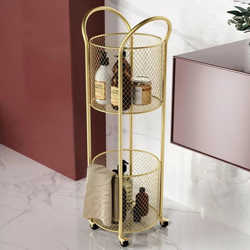 Luxury Golden Metal Storage Basket With Wheels Cylindrical Organizer