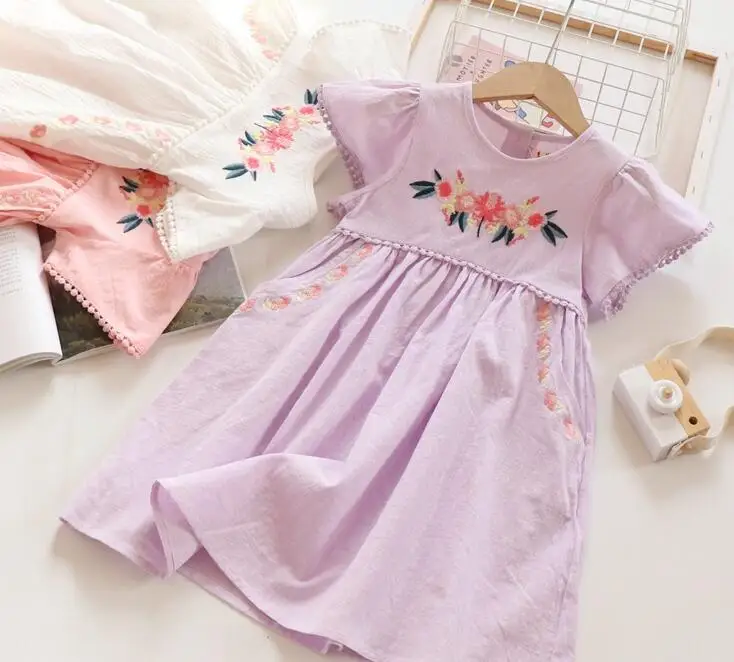 Летние хлопковые платья принцессы с вышивкой для девочек, милое детское платье, 5 шт./партия