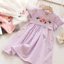 Летние хлопковые платья принцессы с вышивкой для девочек, милое детское платье, 5 шт./партия