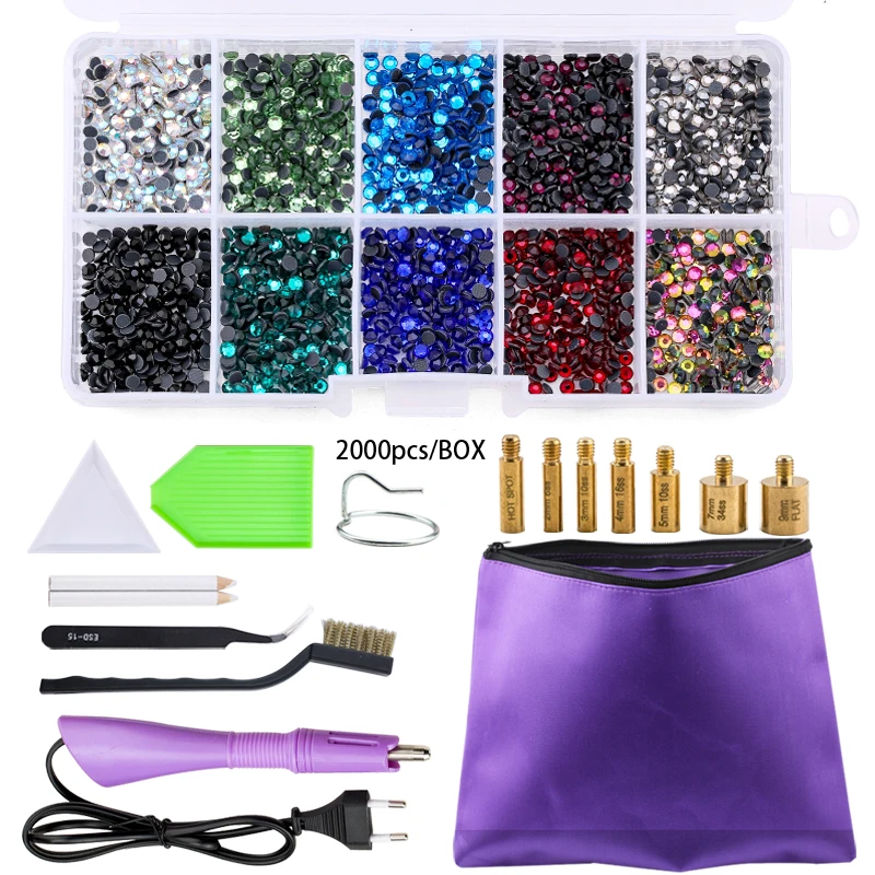 Hot Sale New Set Hot Fix Rhinestones EU or US PLUG Hotfix Applicator&7 Tips Crystal Glass Rhinestone Iron-on Wand Strass Cords  Fabric & Sewing Supplies