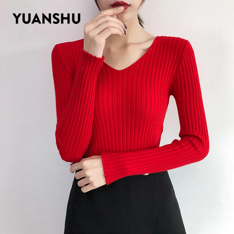 YUANSHU Spring Soft Sweater Women Jumper V Neck Slim Elasticity Knitted Pullover Female Long Sleeve Autumn Basic Knitwear Tops