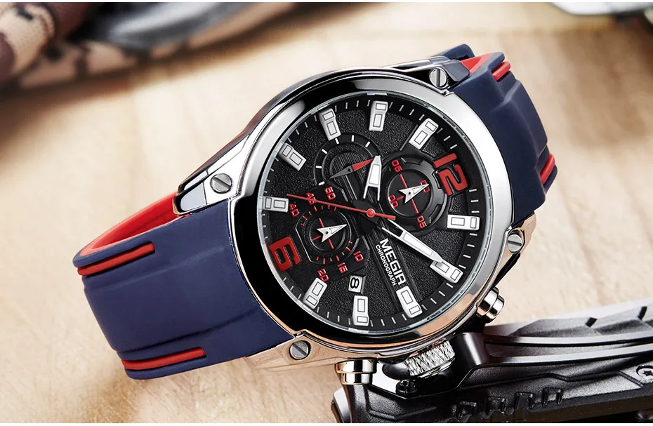Megir мужские хронографы аналоговые кварцевые часы с датой, светящиеся стрелки, водонепроницаемый силиконовый ремешок наручные часы для мужчин 2063
