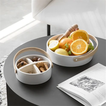 

Ceramic Bamboo Wood Dried Fruit Plate Modern Living Room Home Cake Dessert Storage Holder Candy Snack Basket Tray Storage Bowls