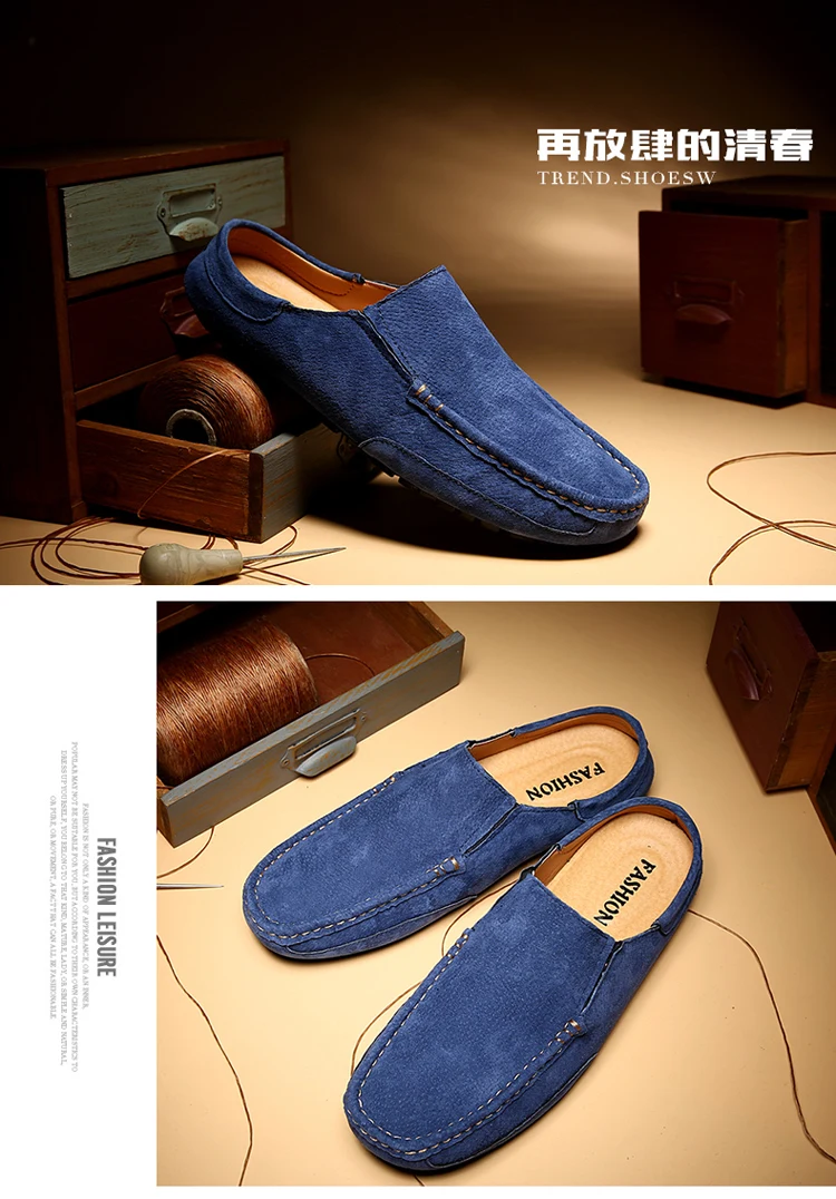 Man Summer Fashion Pig Skin Casual Half Shoe Male Breathable Soft Backless Half Loafers Hombre Open Back Leather Comfy Mocassins
